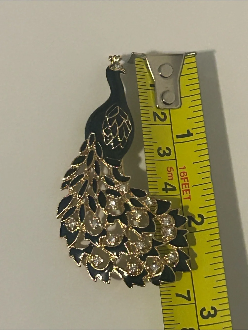 Vintage Peacock Animal Black Enamel Gold And Clear Rhinestone Brooch Pin
